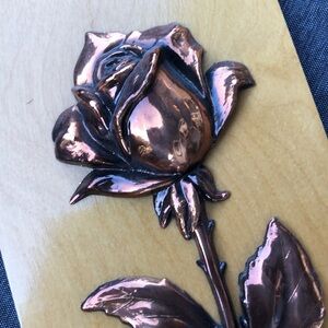 Antique Collector’s 1983 Brass 3D Art Rose On Wooden Plate From Bubricks Russia